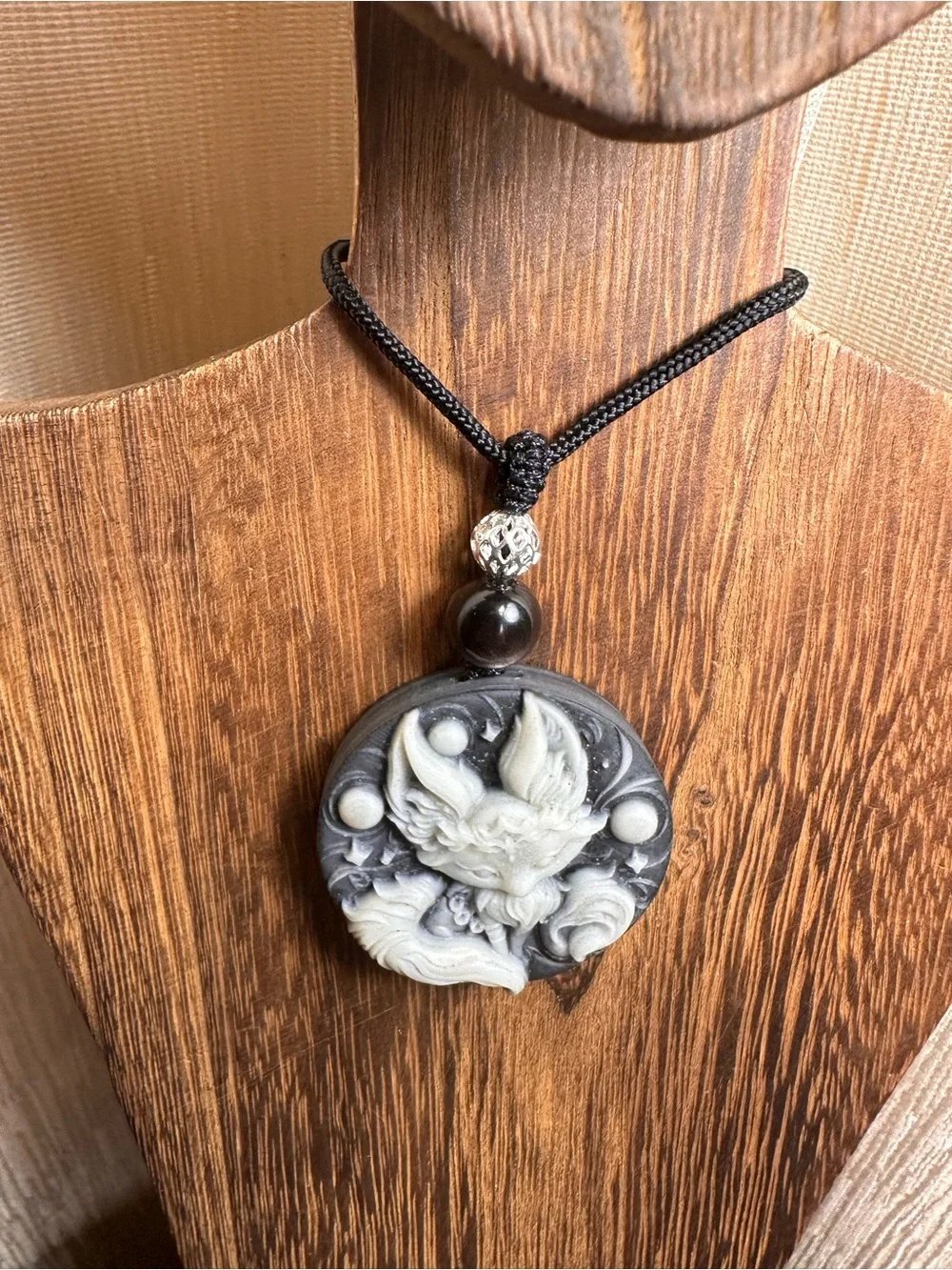 Tai Chi Stone Fox Pendant Necklace on Black Rope